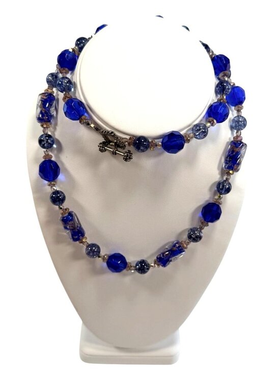 Jewelry - Cobalt Blue Glass Bead Necklace 28" Toggle Clasp Handmade Jewelry Statement